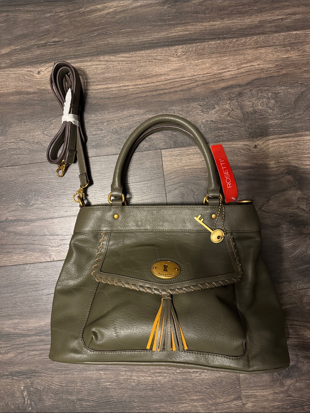 Rosetti Olive Green Leather Satchel with Tassel Charm